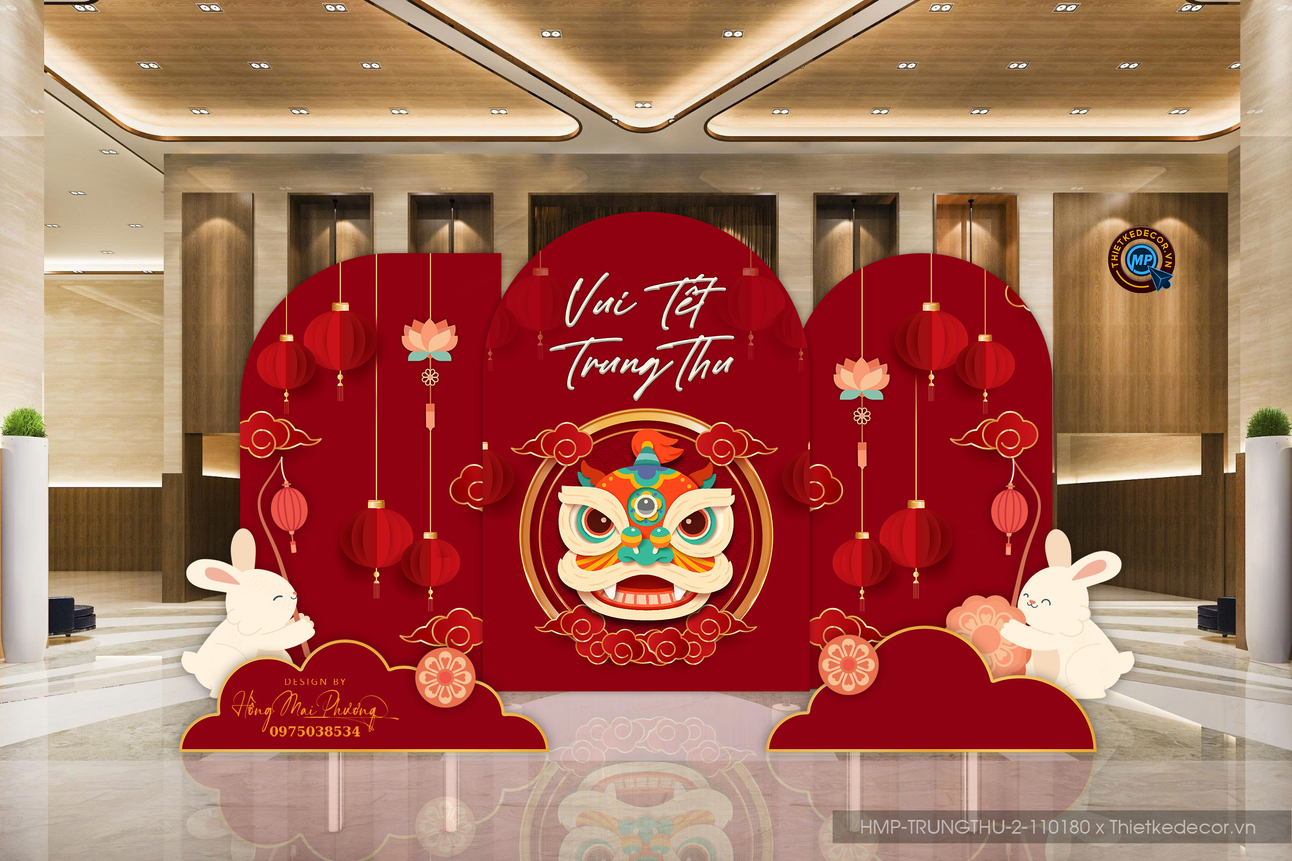 Trung thu tone đỏ. Vui tết trung thu, thỏ cầm lồng đèn.